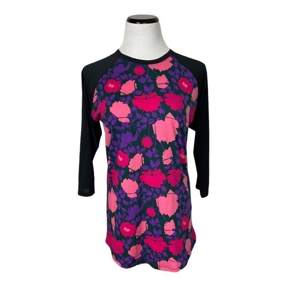 LuLaRoe Sz Small 3/4 Sleeves Baseball Tee Floral Purple Pink Raglan Top EUC - Picture 1 of 9